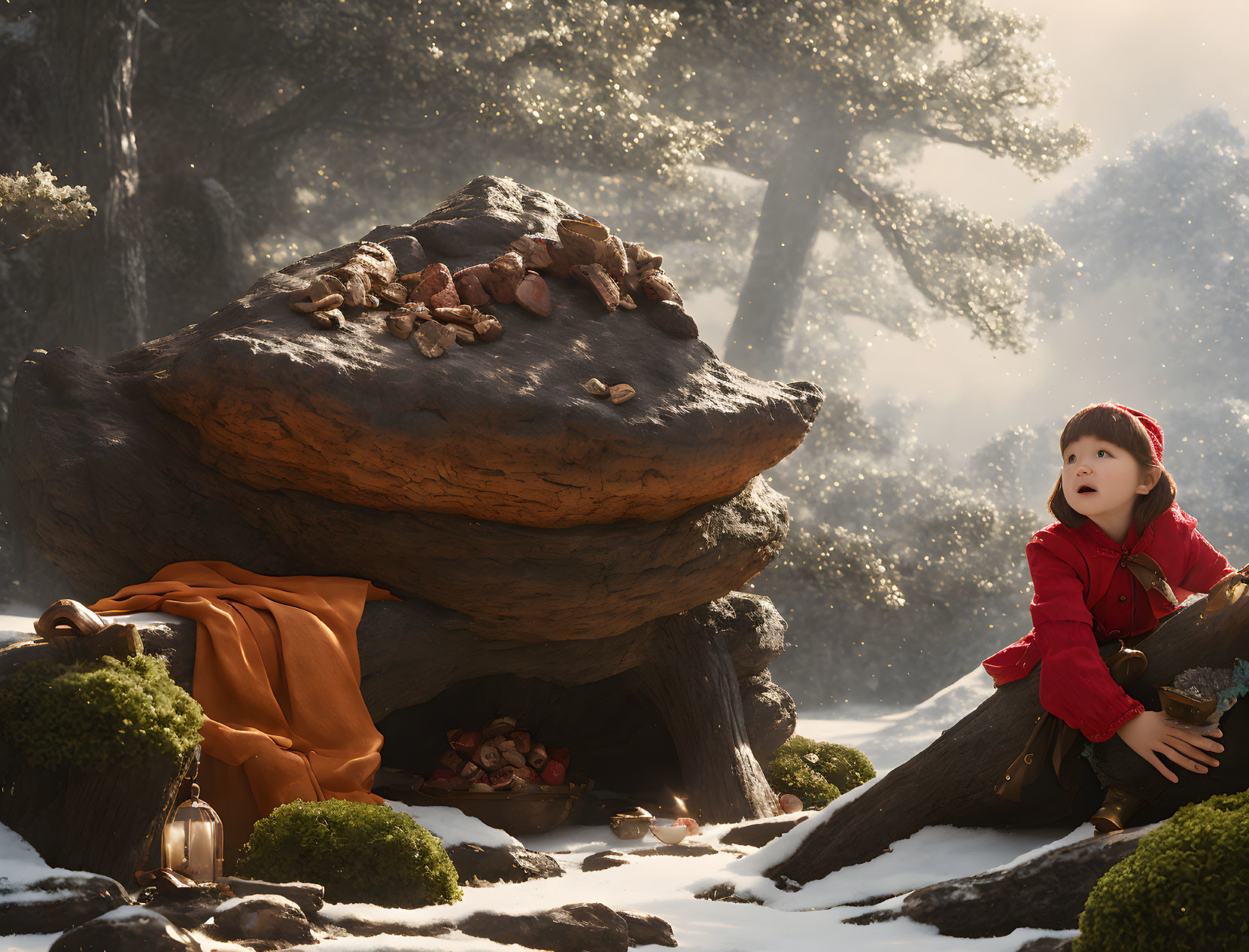 Curious child in red coat gazes at whimsical rock formation in snowy forest