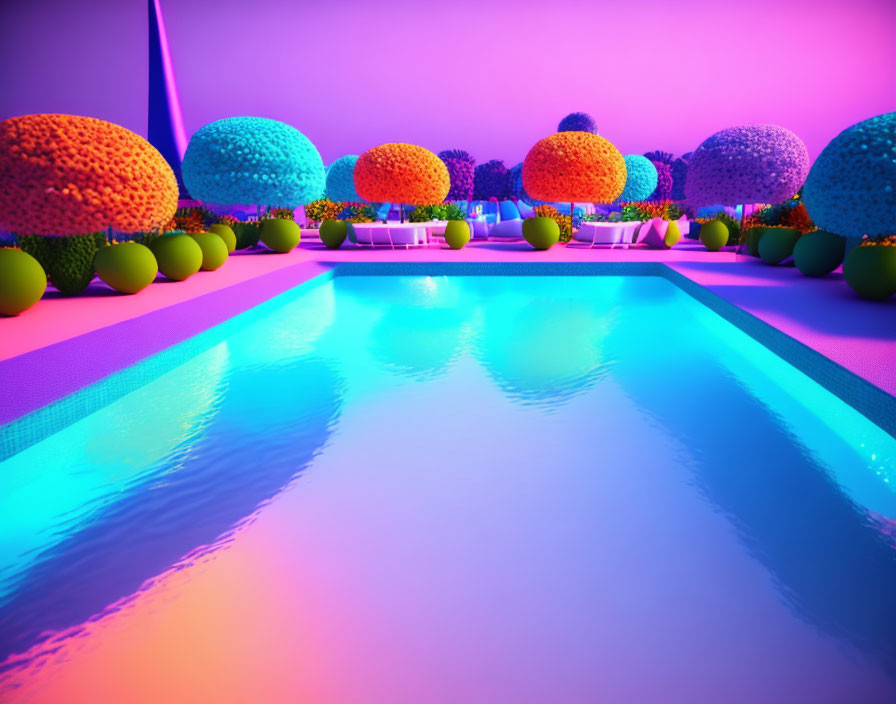 Colorful Outdoor Scene with Pool and Topiary Plants in Orange, Blue, and Purple