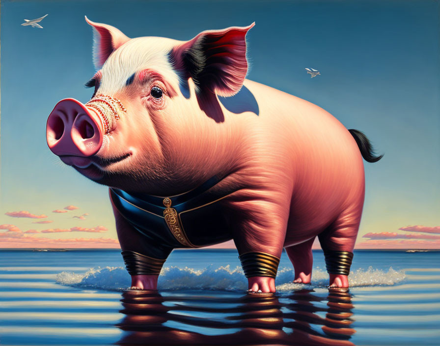 Whimsical sunset painting featuring a pig with golden medallion and striped hooves