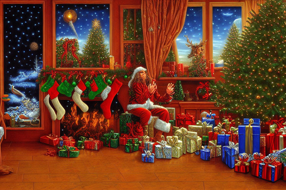 Festive Santa Claus by Fireplace with Gifts and Christmas Tree