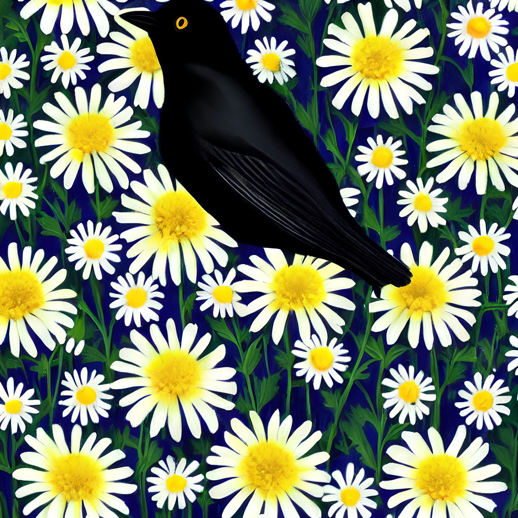 Black Bird with Yellow Eye Among White Daisies on Dark Blue Background