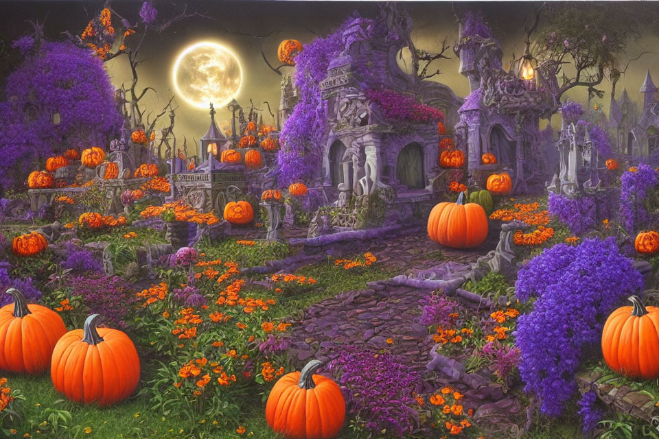 Mystical Halloween scene with pumpkins, purple foliage, decorated graves, and full moon