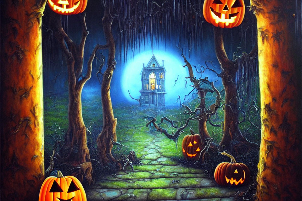 Spooky Halloween scene with jack-o'-lanterns, forest path, and haunted house