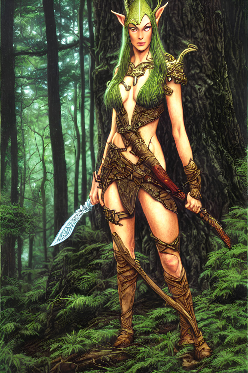 Elf warrior in leather armor with sword in forest, pointed ears & leaf accents