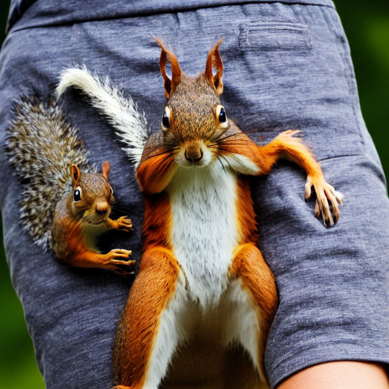 Two squirrels on person's back; one peeking over shoulder, one clinging to side