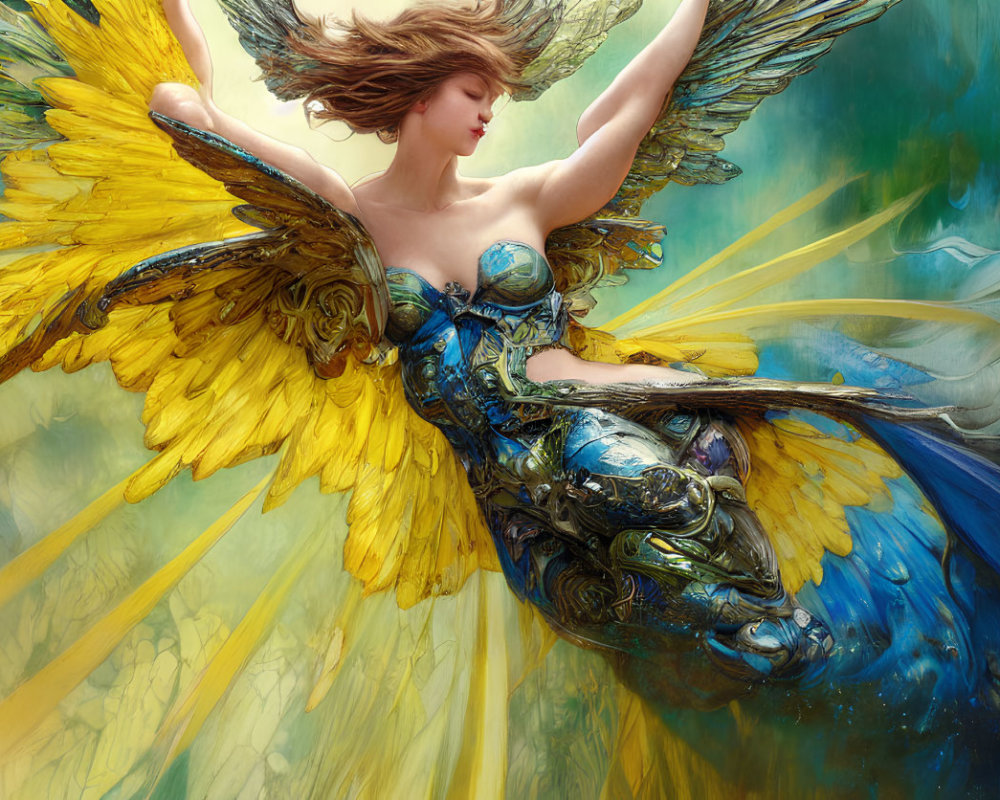 Illustration of woman with vibrant bird-like wings and ornate armor floating in dreamy background