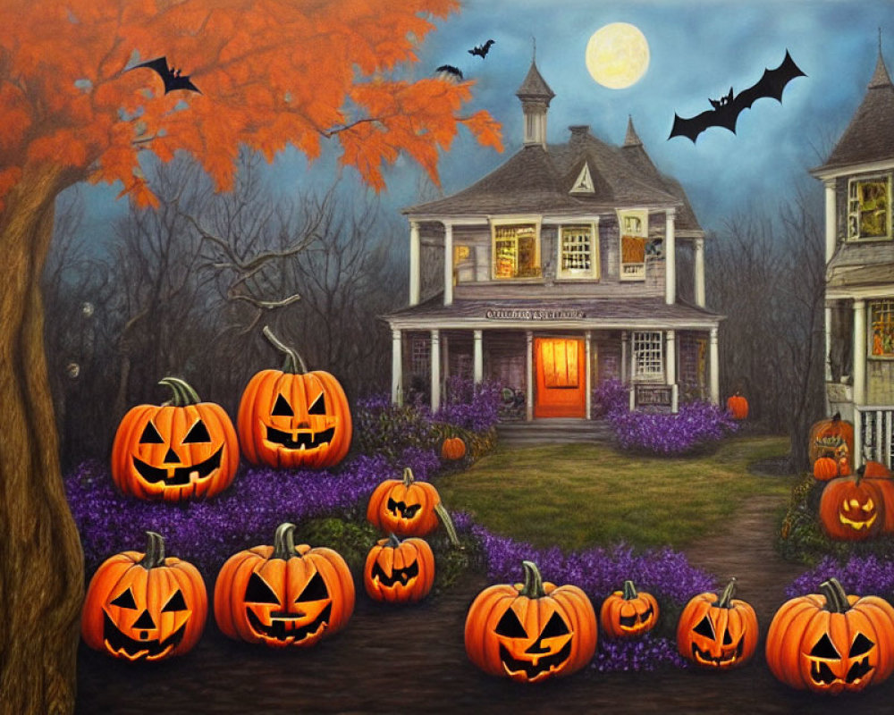 Autumnal scene with jack-o'-lanterns, house, full moon, bats, and