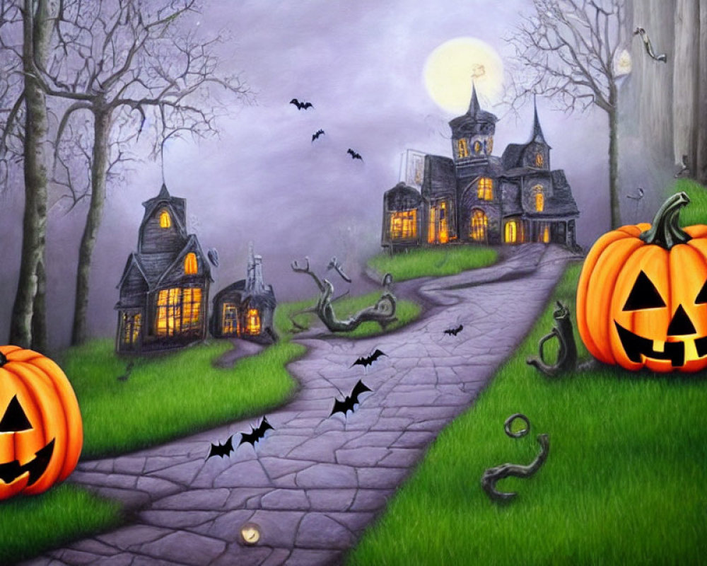 Eerie Halloween scene with jack-o'-lanterns, bats, full moon