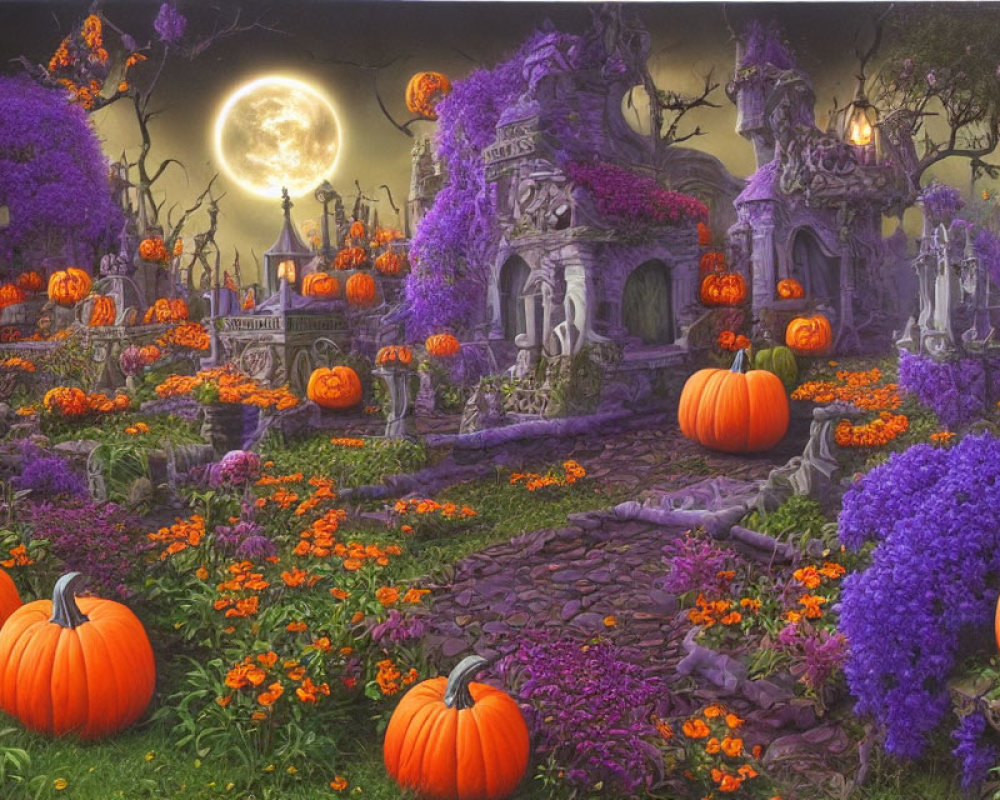 Mystical Halloween scene with pumpkins, purple foliage, decorated graves, and full moon
