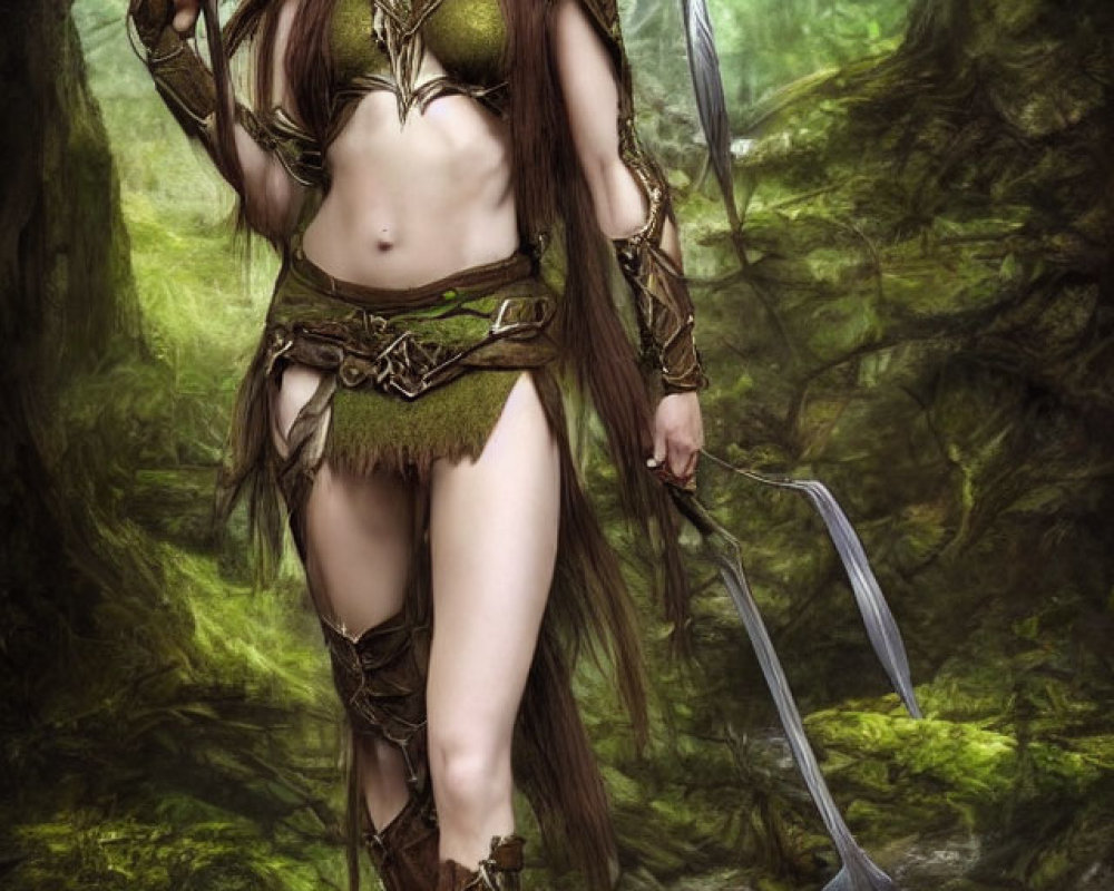 Female warrior with antler headgear in forest with spear and nature-inspired costume