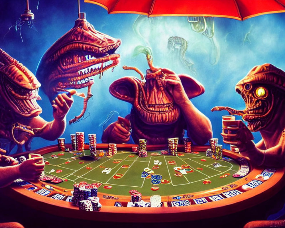 Vibrant illustration of alien creatures playing poker with unique head shapes