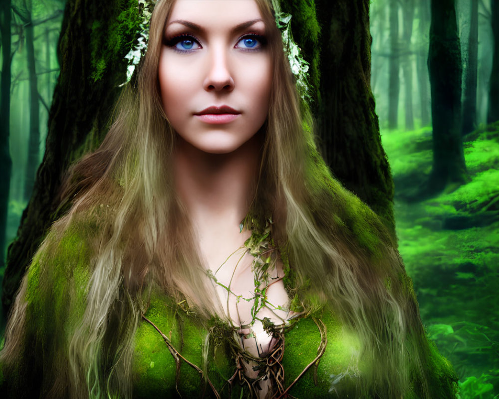 Portrait of woman with blue eyes in forest-themed attire, set in lush woodland.