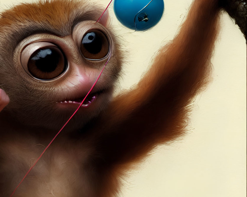 Curious cartoon monkey with blue balloon and human hand reaching out