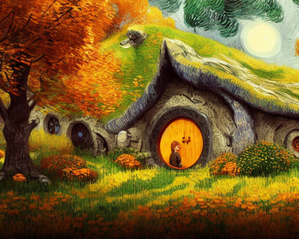 Illustration of person at round-door hobbit-style house in autumn landscape