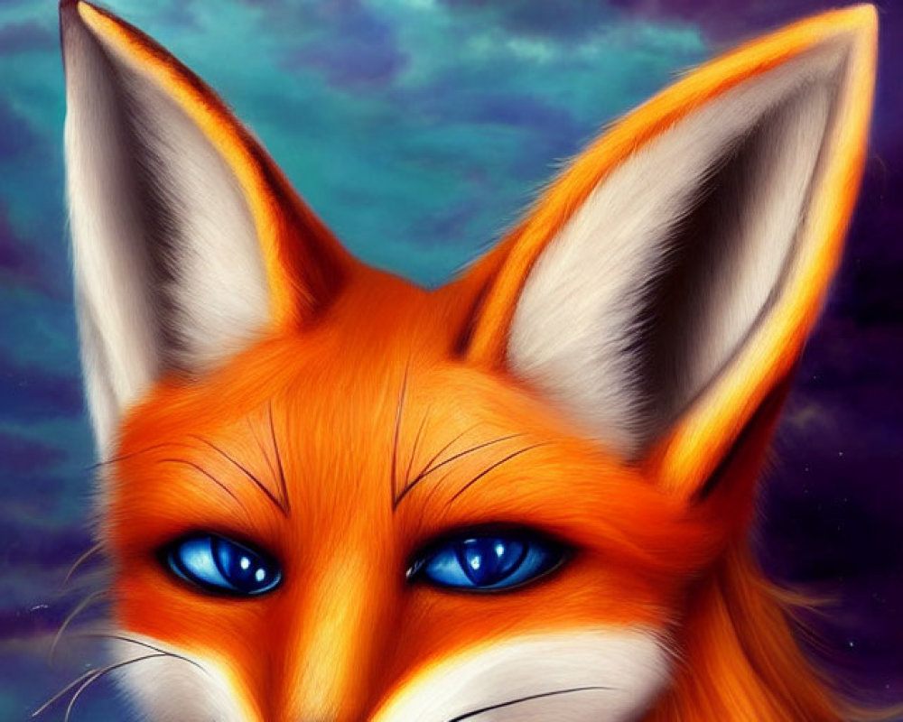 Anthropomorphic fox with blue eyes on cloudy sky background