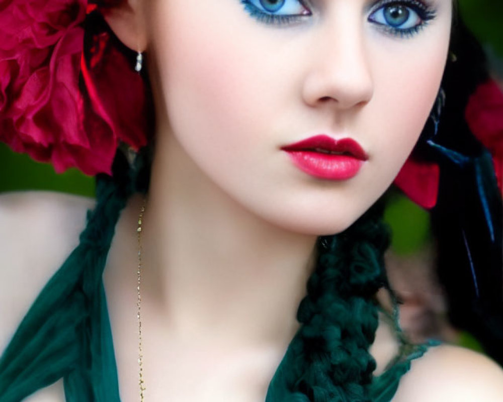 Woman in traditional attire with striking blue eyes and colorful headscarf adorned with red flowers.