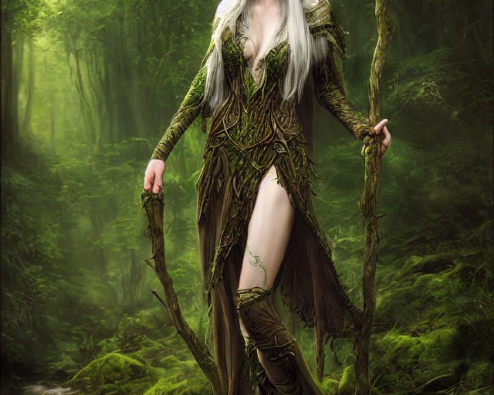 Elf-like Fantasy Character in Misty Forest with Pointed Ears and Staff