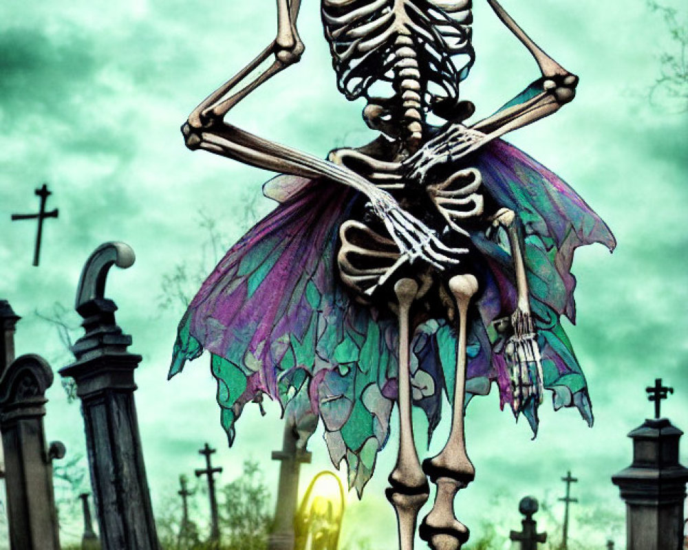 Skeleton with Butterfly Wings in Cemetery Under Stormy Sky