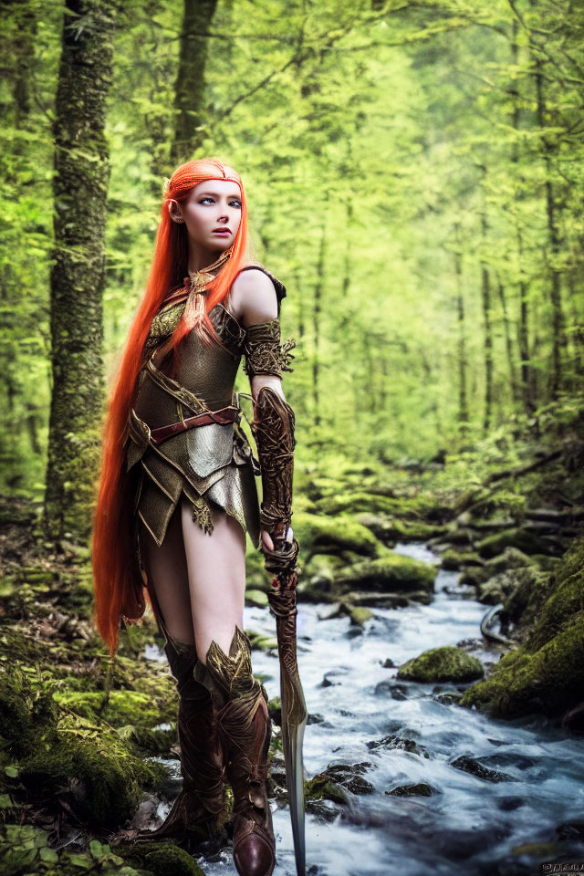 Fantasy cosplay: Elf character with red hair, green/brown armor, holding staff by stream