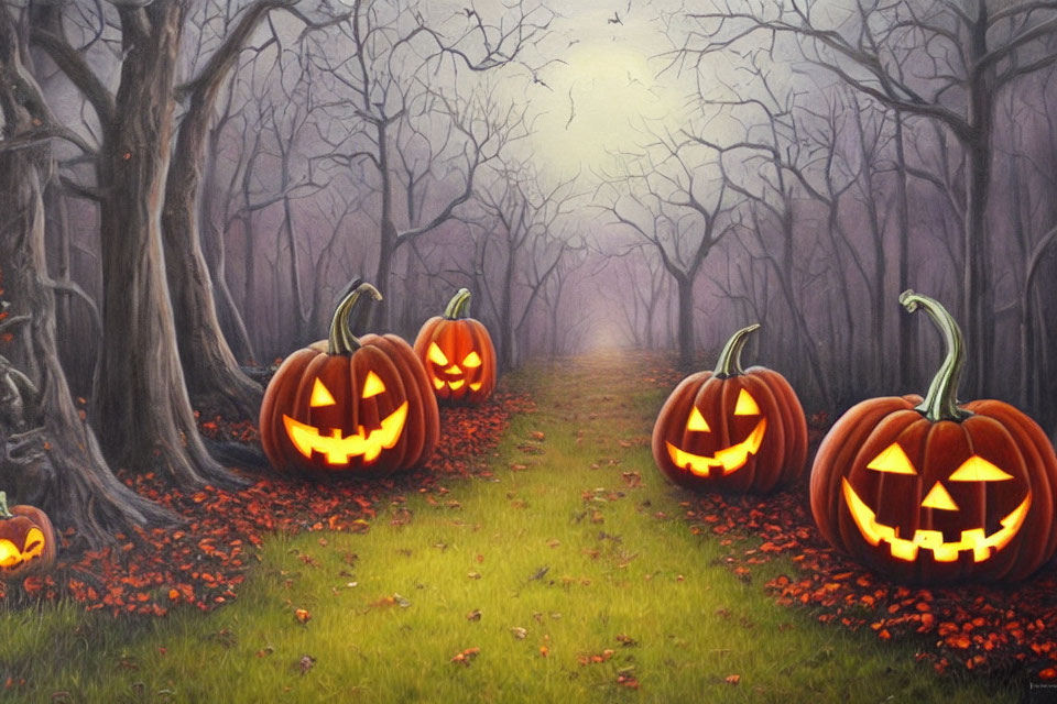 Bare Trees and Glowing Jack-o'-lanterns in Eerie Forest Path