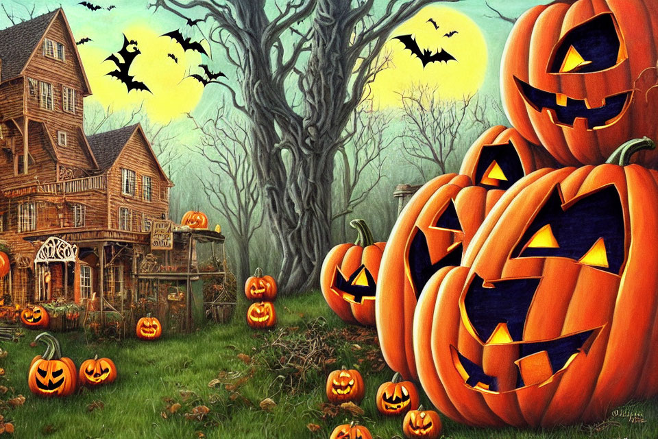 Festive Halloween scene with jack-o'-lanterns, spooky house, bats, and barren