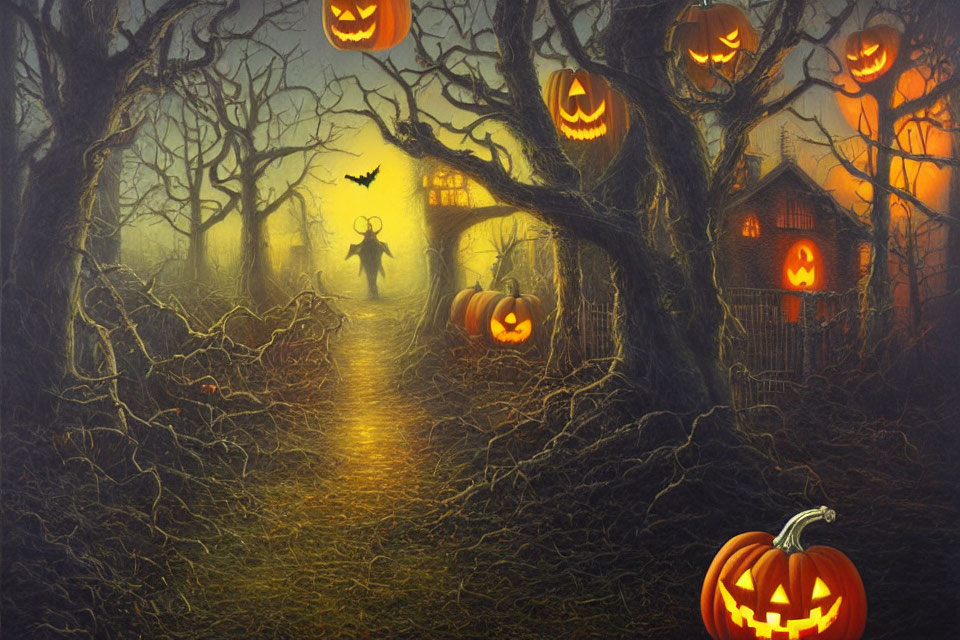 Spooky Halloween scene with jack-o'-lanterns, haunted house, and witch silhouette