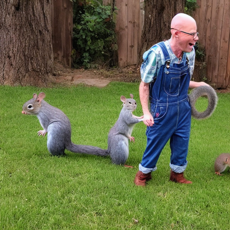 Elderly man laughing with oversized squirrel statues in backyard