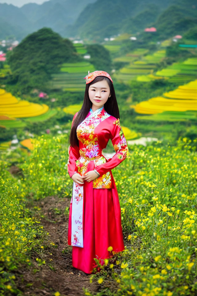 Young woman in red ao dai surrounded by green fields and mountains