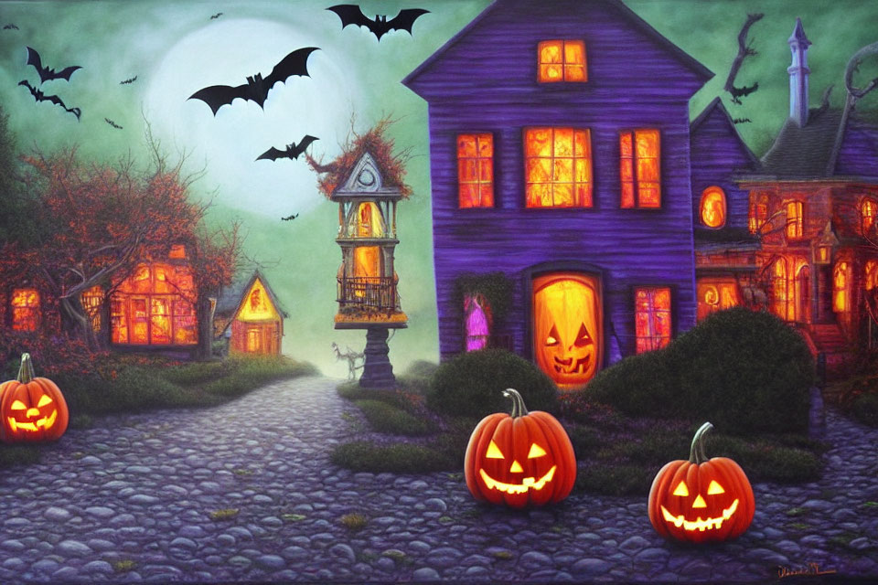 Purple Haunted House with Jack-o'-lanterns, Bats, Full Moon, and Clock