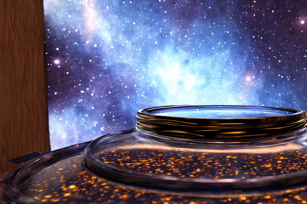 Glass jar on side against starry nebula backdrop with wooden surface