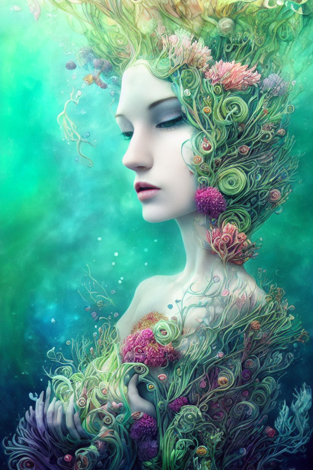 Surreal woman with flora and fauna in hair on aqua backdrop