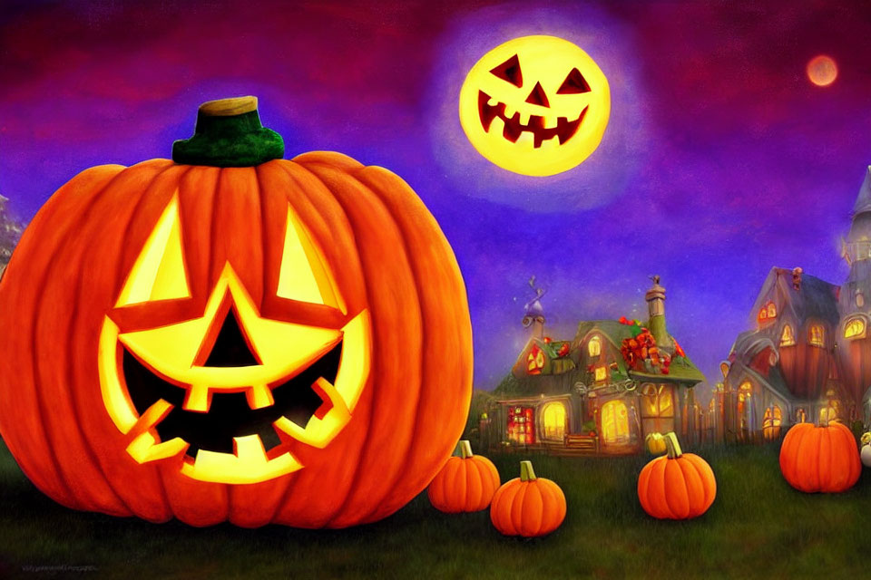 Whimsical Halloween scene with glowing jack-o'-lantern, spooky house, and full moon