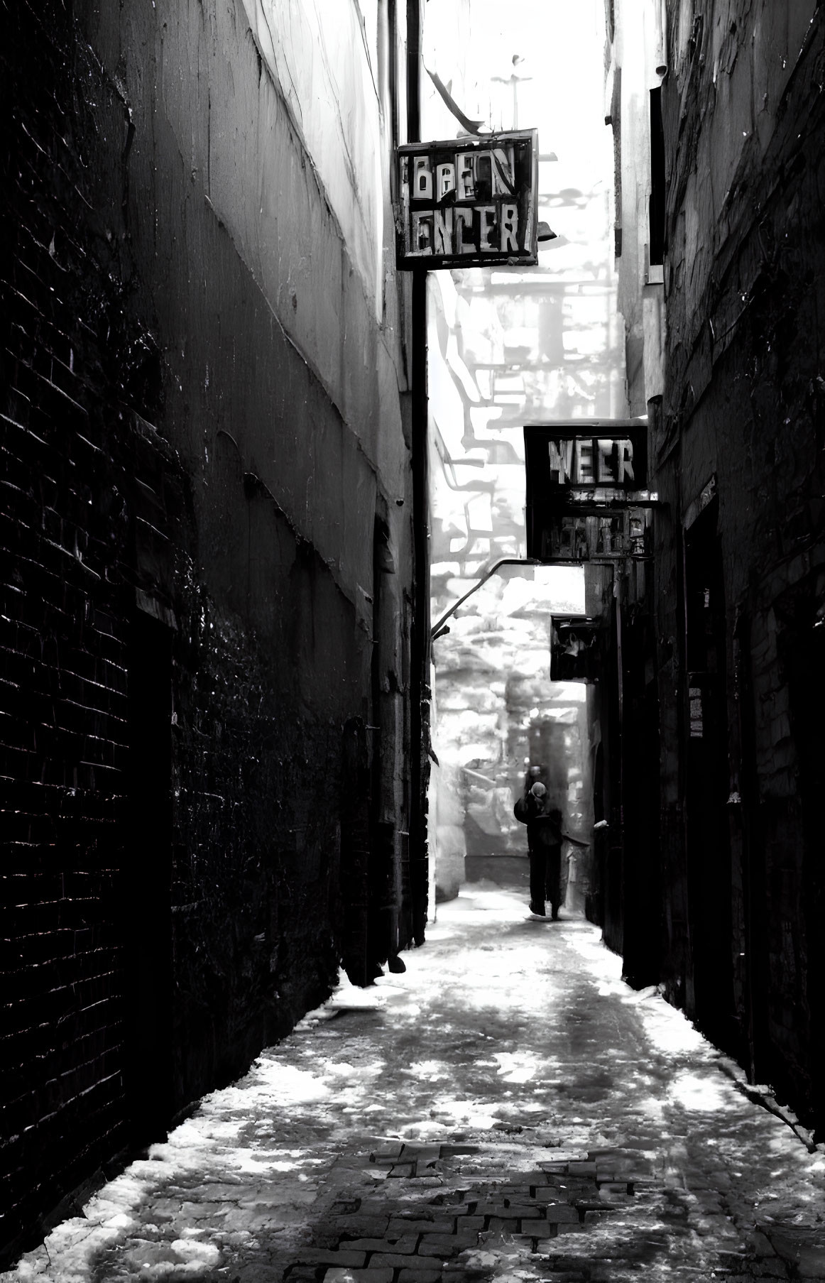 Monochrome snowy alley with "Open Enter" neon signs and solitary figure