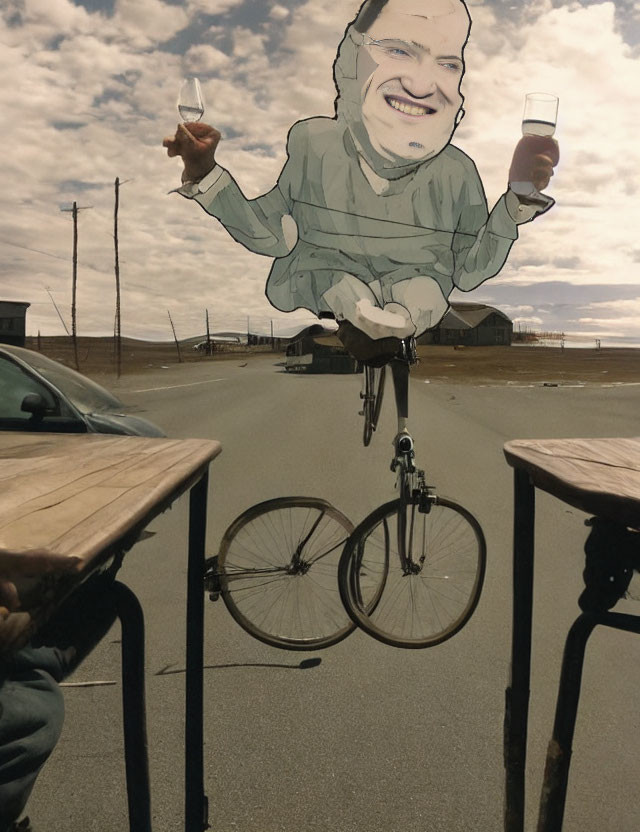 Surreal caricature: man on bicycle with exaggerated body proportions, holding drinks, on road with