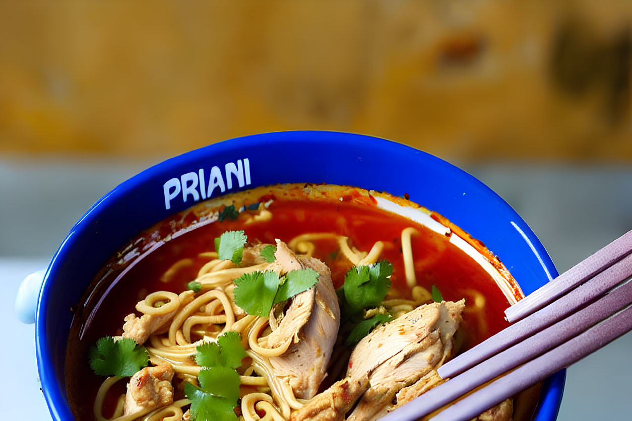 Spicy chicken noodle soup with cilantro and purple chopsticks on PRIANI bowl