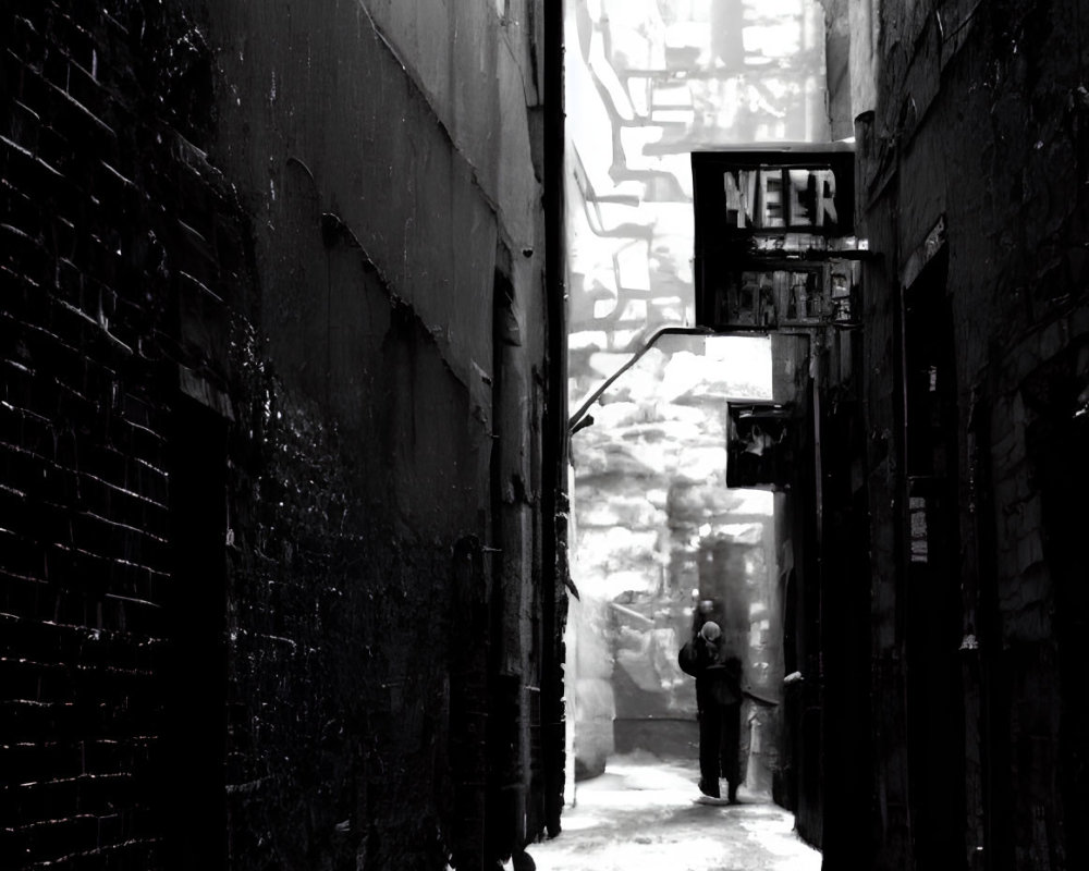 Monochrome snowy alley with "Open Enter" neon signs and solitary figure