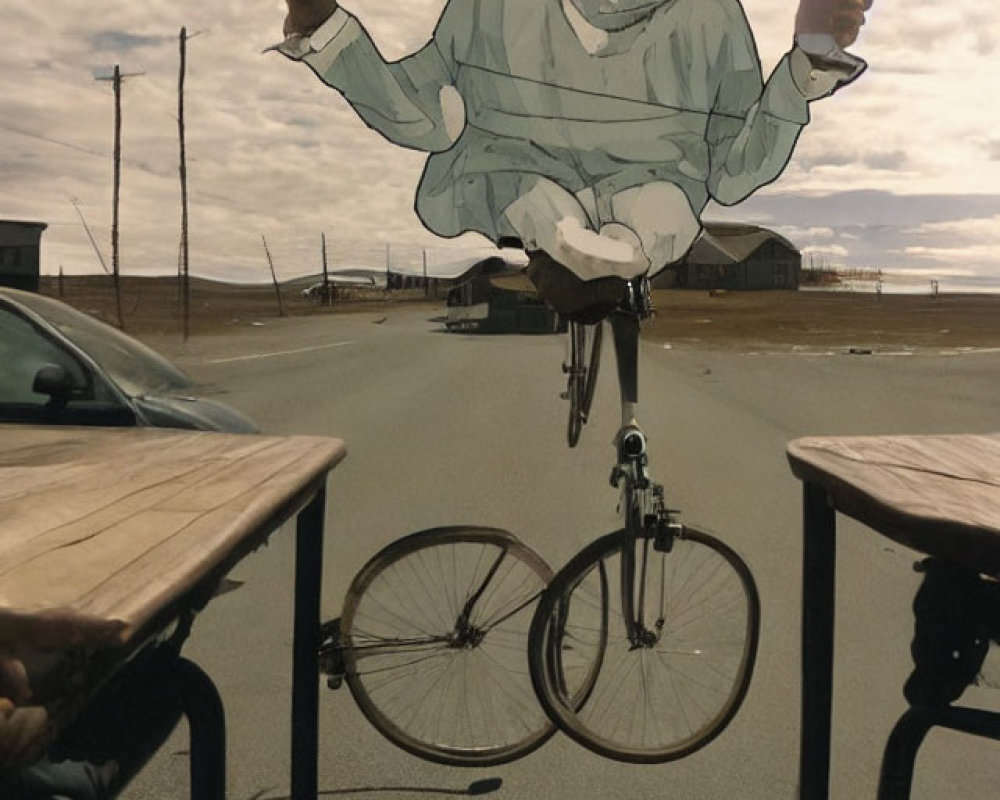 Surreal caricature: man on bicycle with exaggerated body proportions, holding drinks, on road with