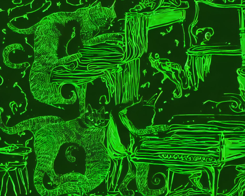 Whimsical neon green and black cat illustration with abstract dreamy furniture landscape