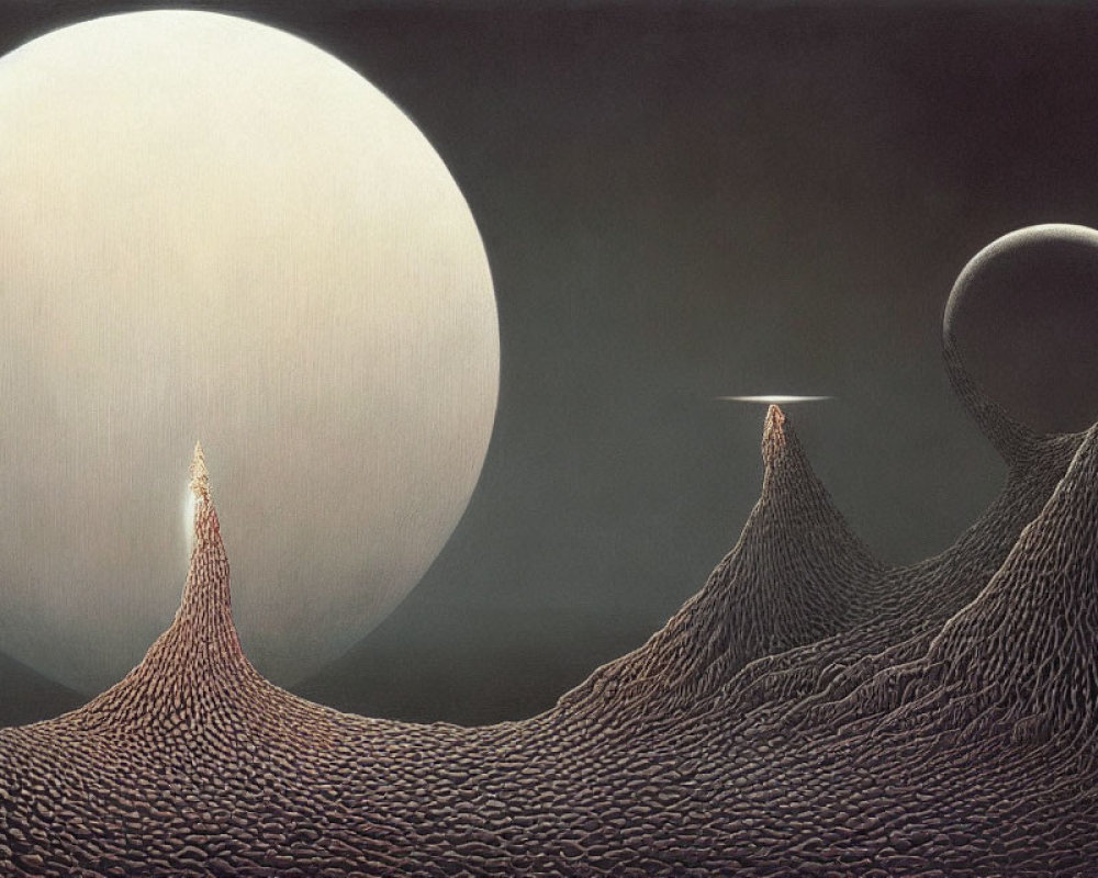 Surreal landscape featuring conical mountains under a large moon