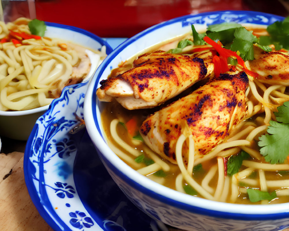 Asian noodle soup with grilled chicken, cilantro, and red pepper in a blue patterned bowl