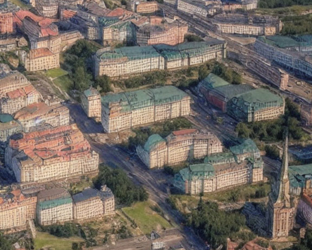 Urban area with buildings, church spire, roads, and greenery