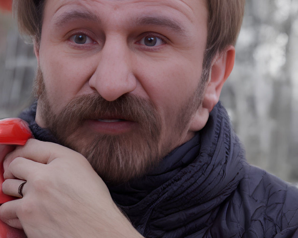 Bearded man in dark jacket holding red object, looking bemused