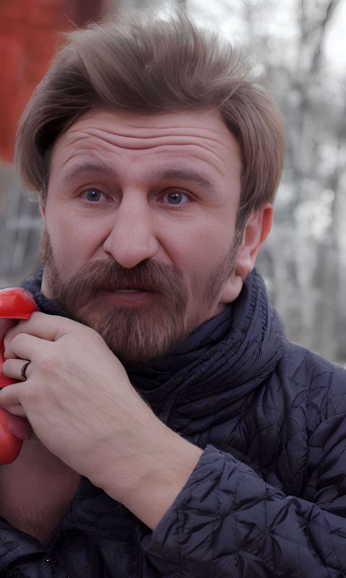 Bearded man in dark jacket holding red object, looking bemused