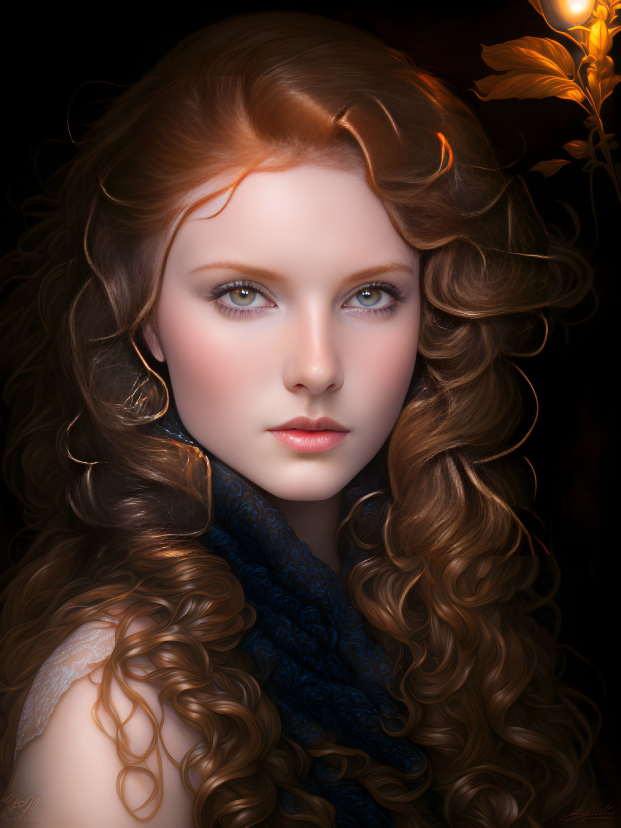 Portrait of woman with curly red hair and blue scarf in warm light