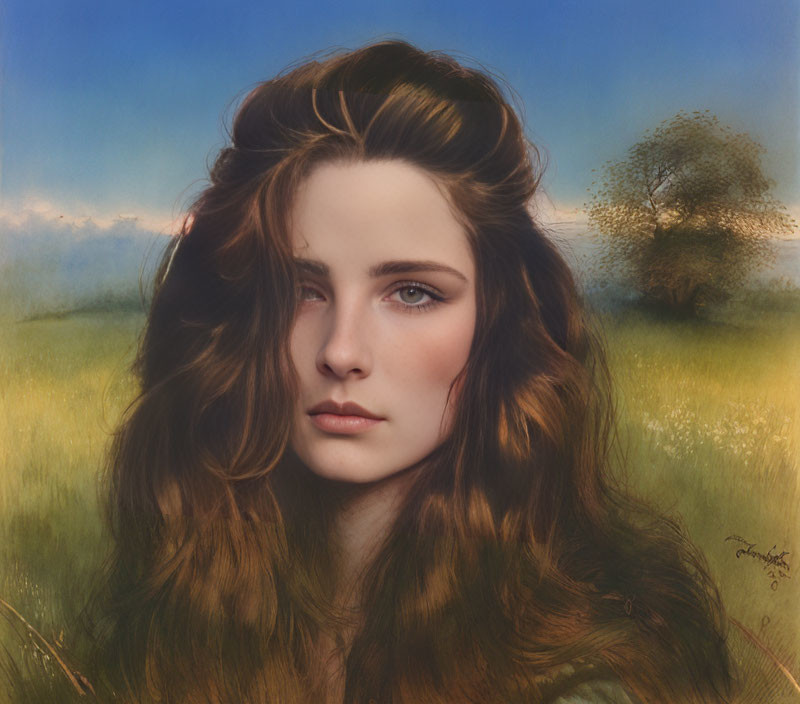 Photorealistic digital painting of woman with flowing brown hair and intense eyes in serene meadow.