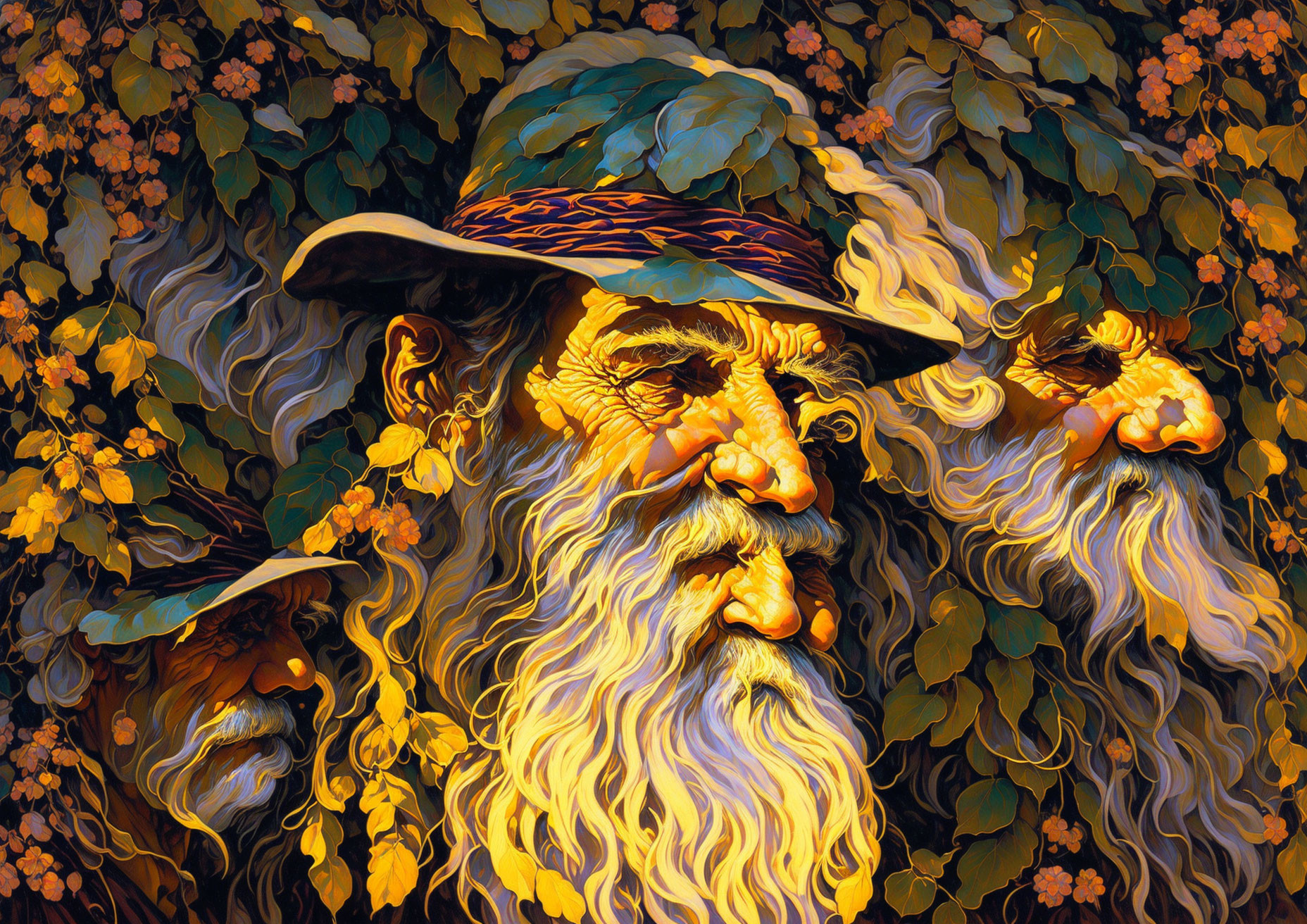 Colorful Artwork: Bearded Man with Hat Among Yellow Flowers