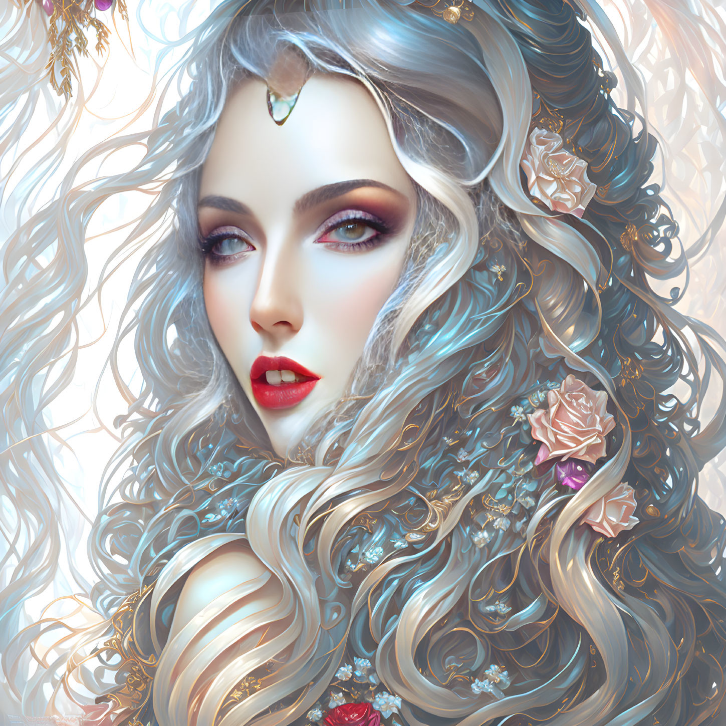 Illustration of woman with silver hair, roses, piercing eyes, and forehead jewel