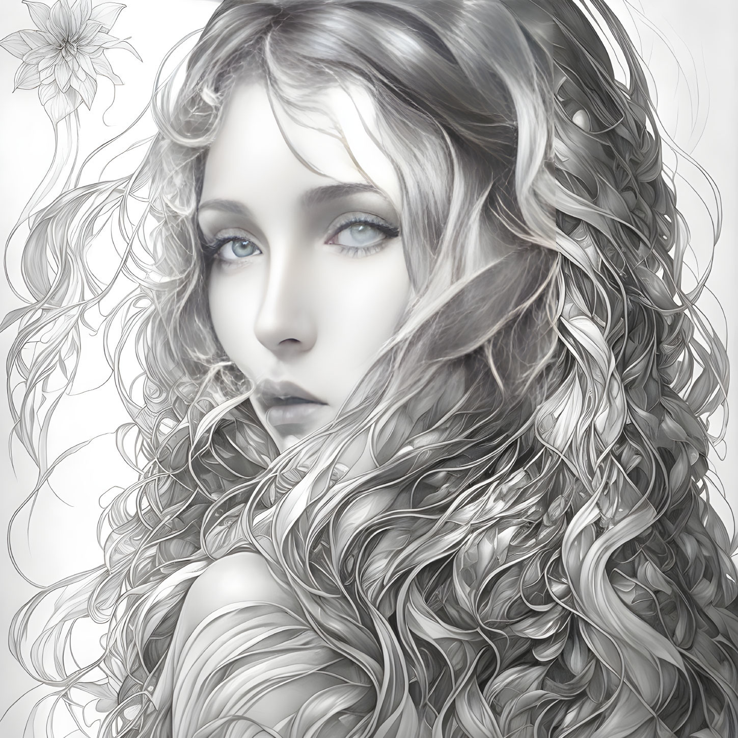 Monochrome illustration of woman with curly hair and flower detail