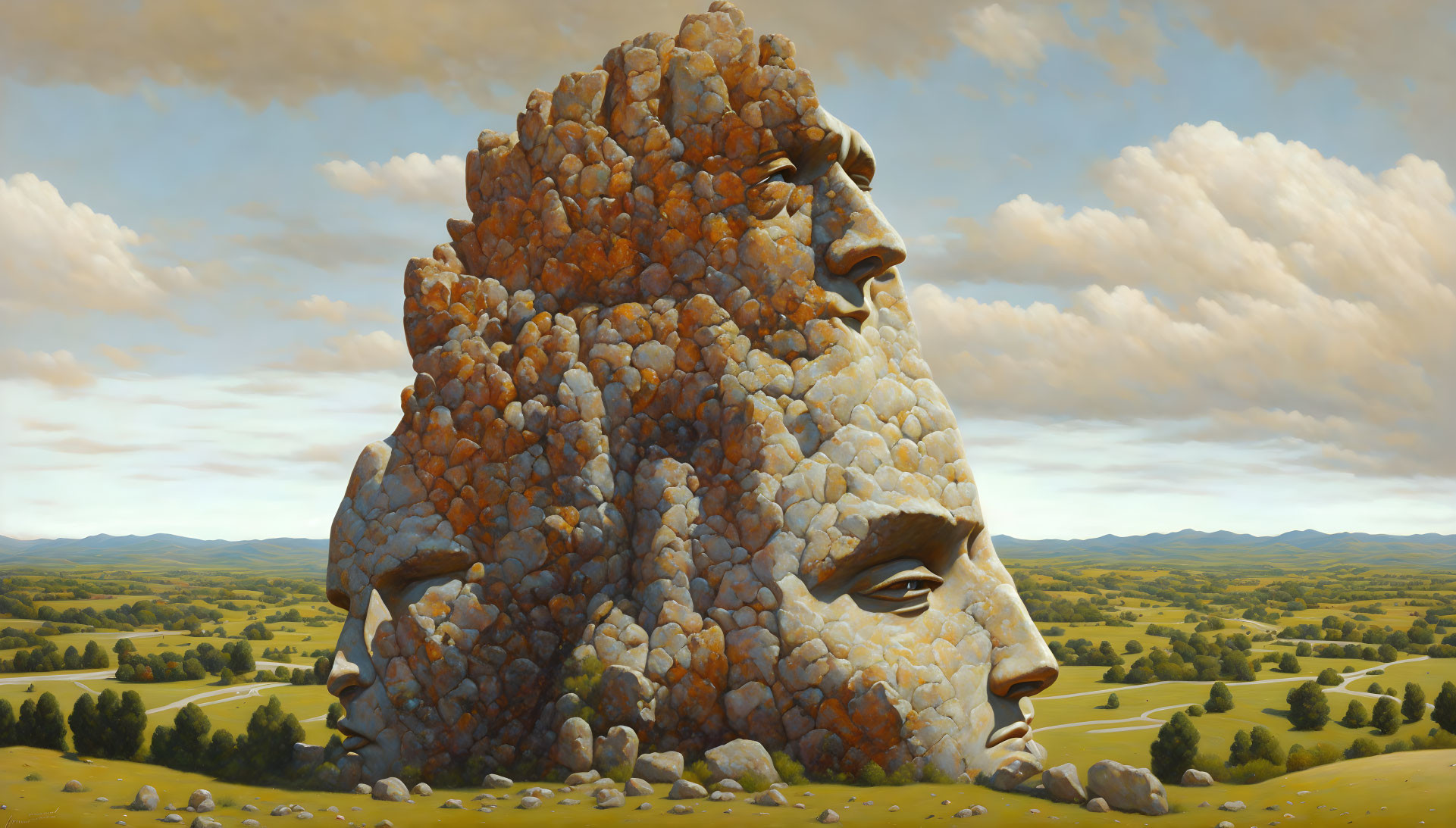 Surreal landscape: hill of giant stone faces, green valley, cloudy sky