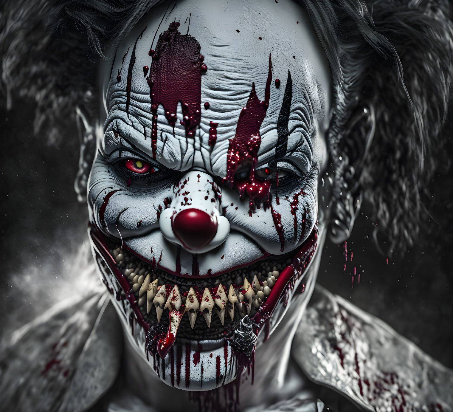 Menacing clown with sharp teeth and blood splatter on dark background